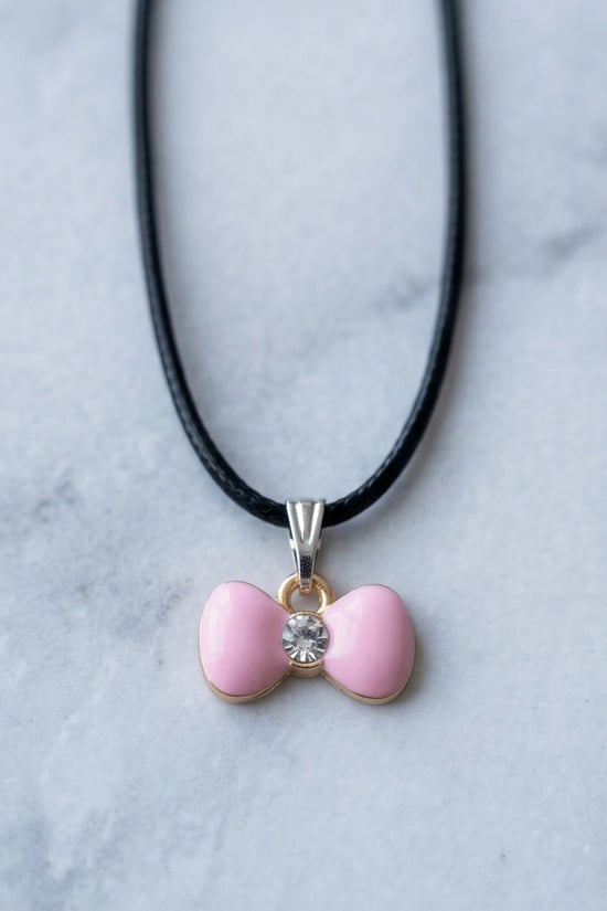 Charming Pink Bowknot Enamel Pendant Necklace with Crystal Center