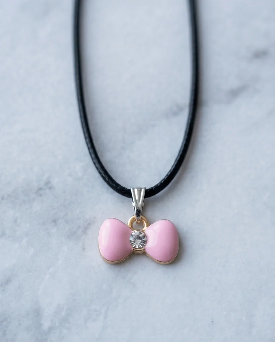 Charming Pink Bowknot Enamel Pendant Necklace with Crystal Center