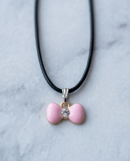 Charming Pink Bowknot Enamel Pendant Necklace with Crystal Center