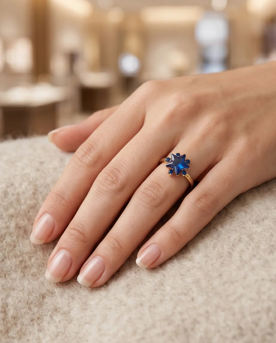 Gold Celestial Royal Blue Sapphire Star Ring