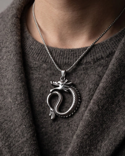 Silver Coiled Ouroboros Dragon Pendant Necklace