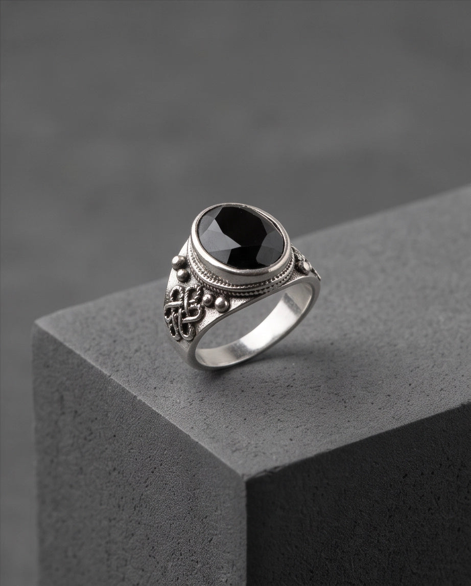 Faceted Oval Onyx-Style Beaded Bezel Filigree Silver Ring
