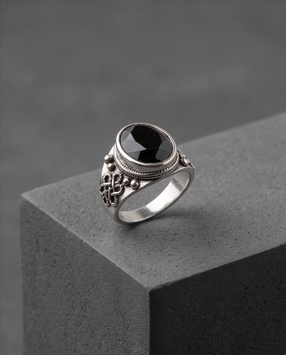 Faceted Oval Onyx-Style Beaded Bezel Filigree Silver Ring