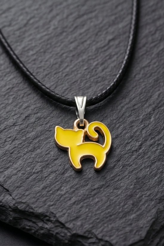 Playful Yellow Cat Enamel Pendant Necklace