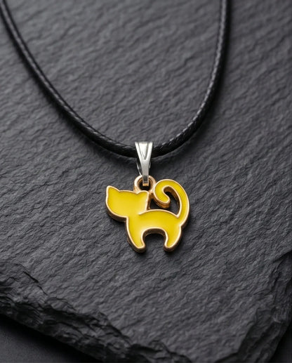 Playful Yellow Cat Enamel Pendant Necklace