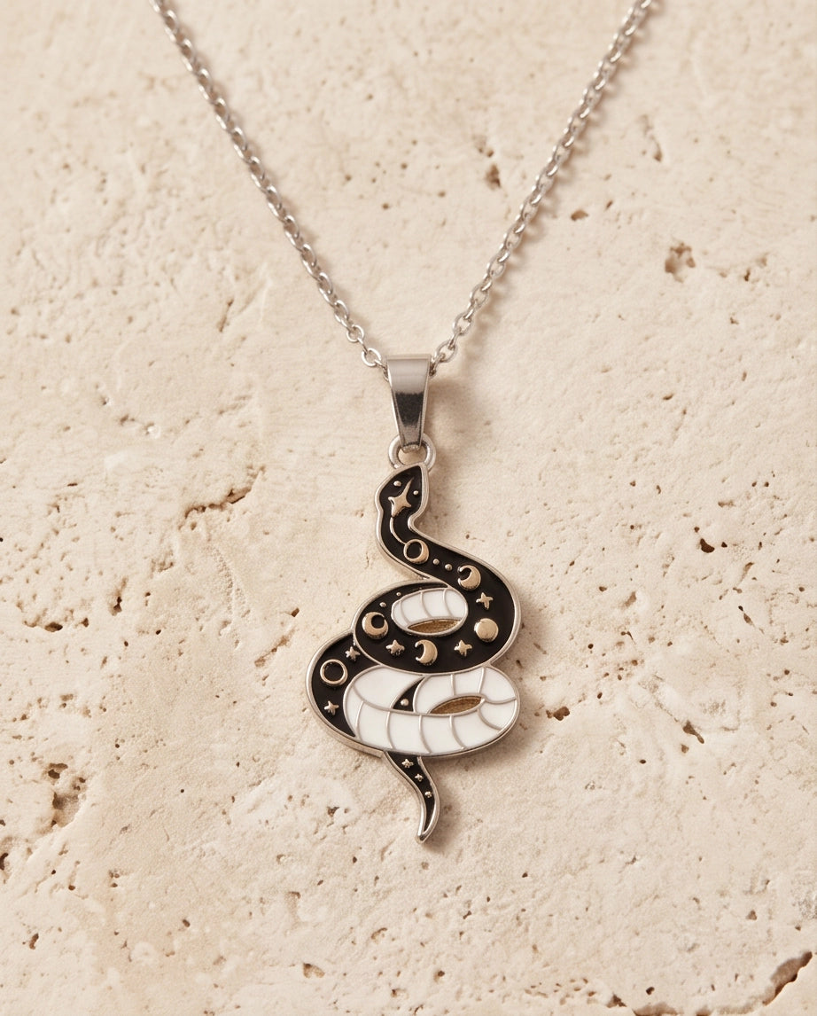 Gold Moon Phase Snake Enamel Pendant Necklace