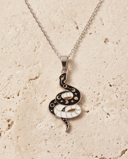 Gold Moon Phase Snake Enamel Pendant Necklace