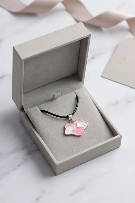 Pink Enamel Angel Winged Heart Pendant Necklace