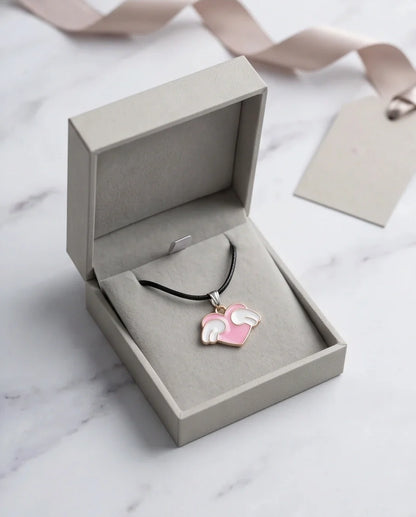 Pink Enamel Angel Winged Heart Pendant Necklace