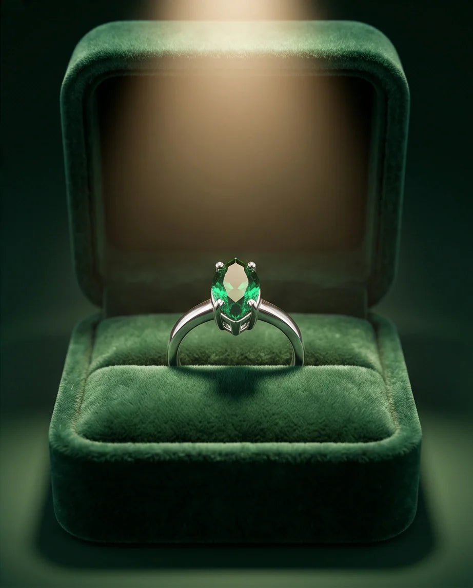 Sterling Silver Marquise-Cut Green Emerald Solitaire Ring