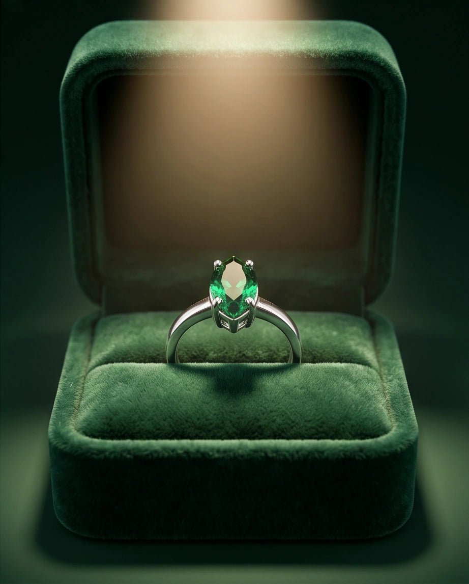 Sterling Silver Marquise-Cut Green Emerald Solitaire Ring