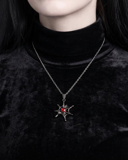 Black Spiderweb Red Heart Gem Pendant Necklace