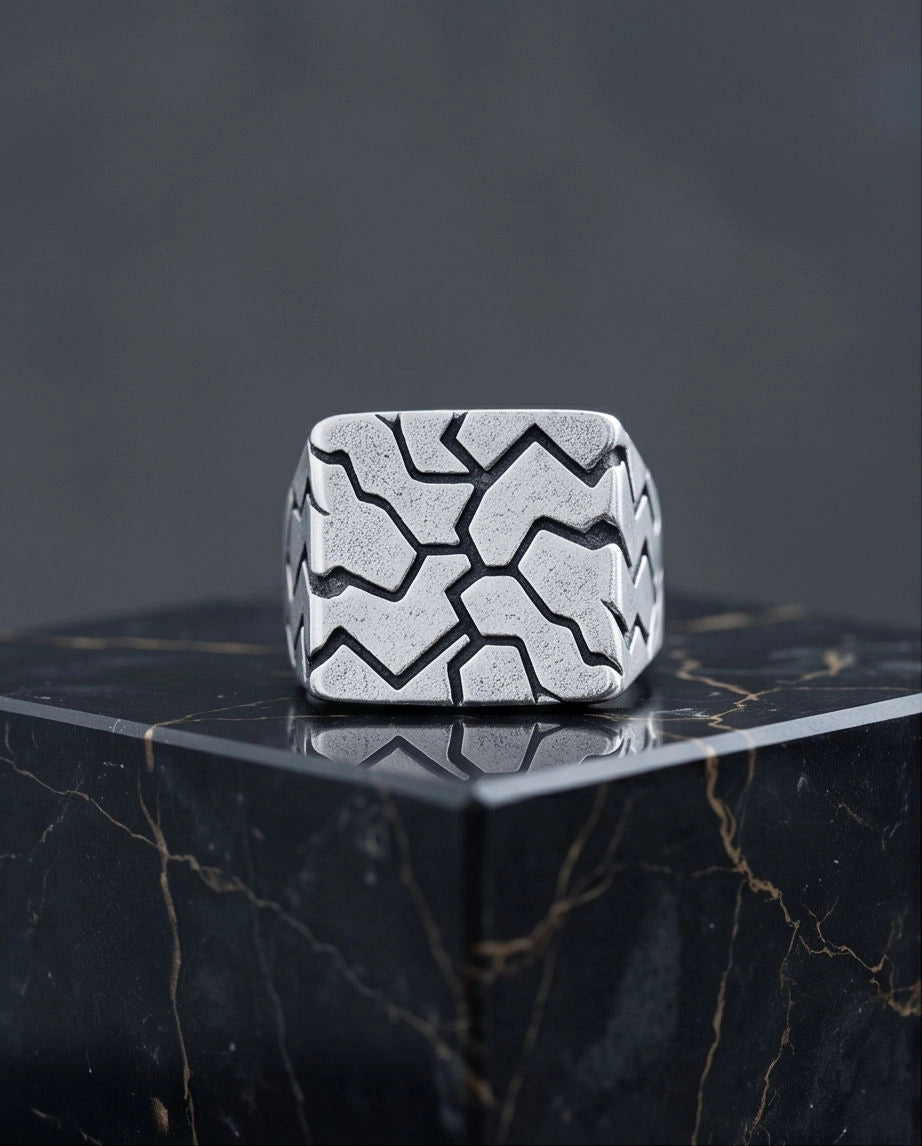 Matte Silver Geometric Mosaic Signet Ring