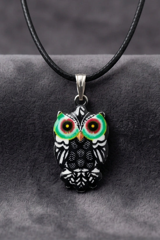 Mystic Green-Eyed Tribal Owl Pendant Necklace