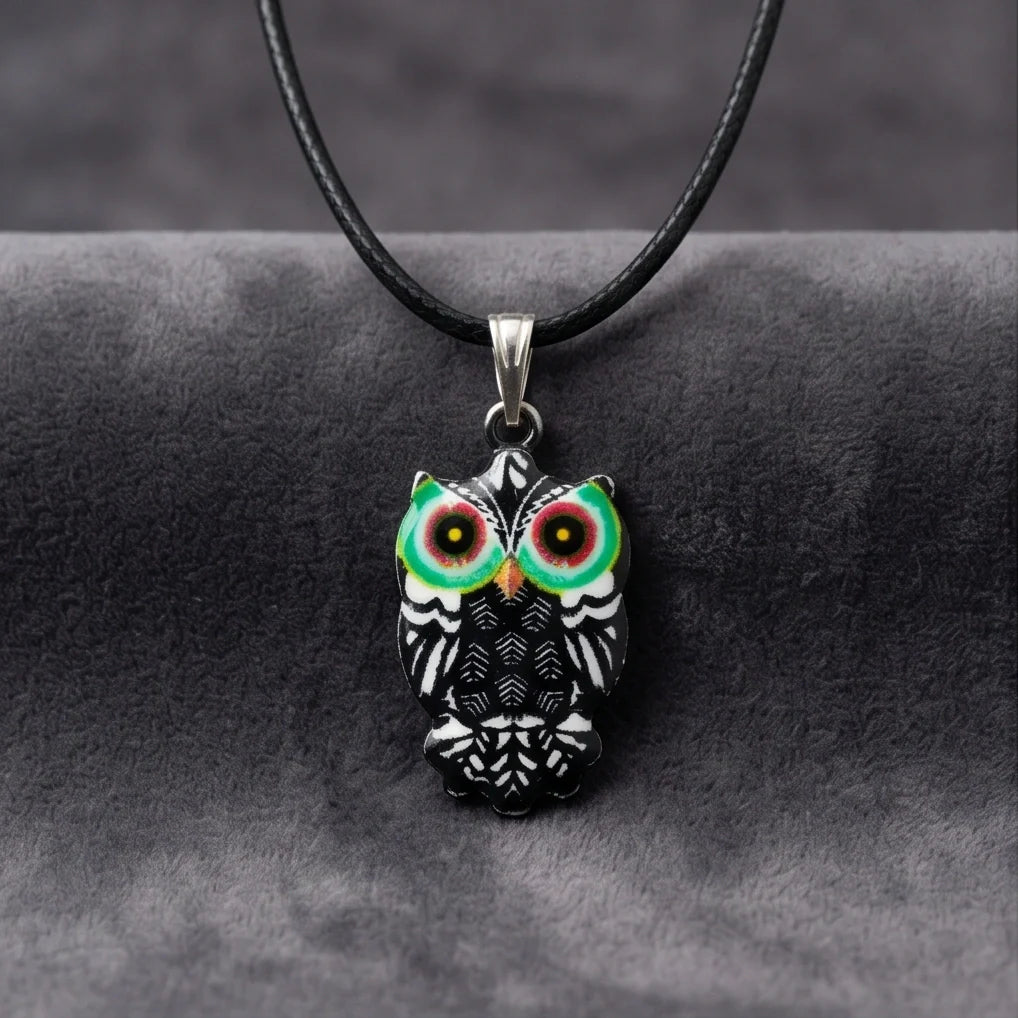 Mystic Green-Eyed Tribal Owl Pendant Necklace