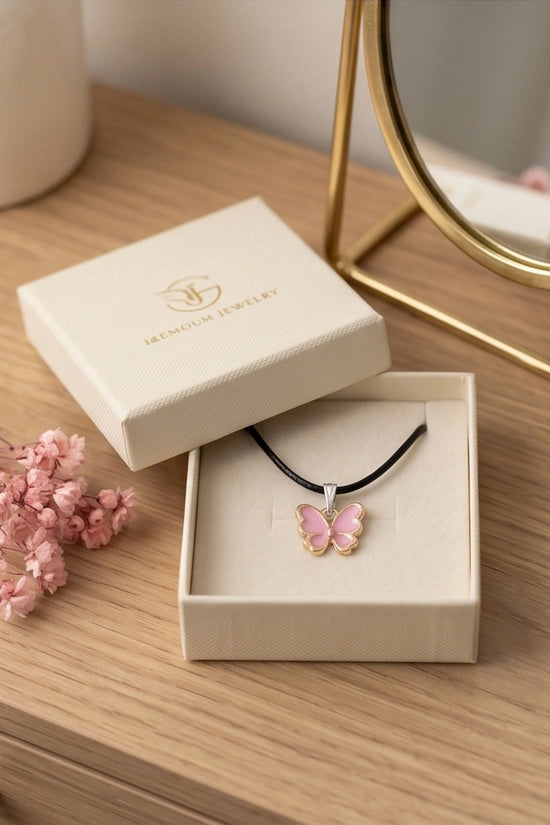 Pink Butterfly Enamel Pendant Necklace