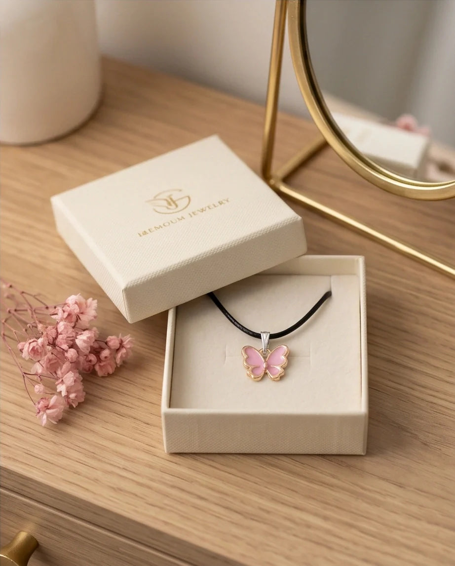 Pink Butterfly Enamel Pendant Necklace