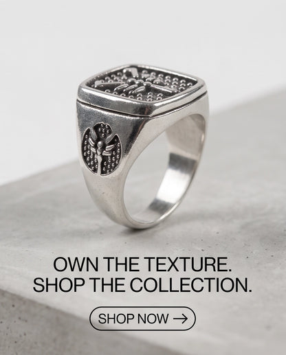 Arachnid Stippled Square Signet Silver Ring