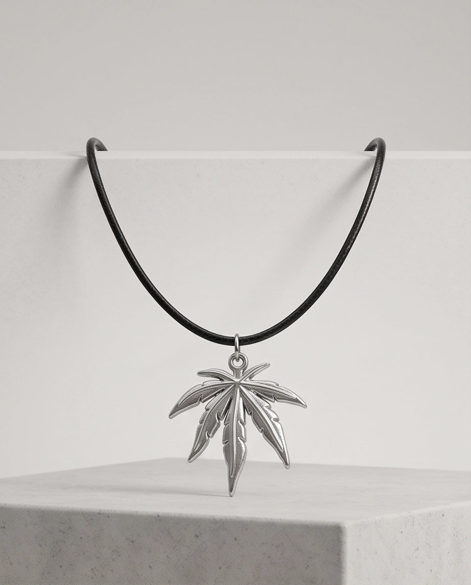 Silver Leaf Pendant Cord Necklace