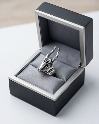 Oxidized Silver Horned Skull Sculpted Ring