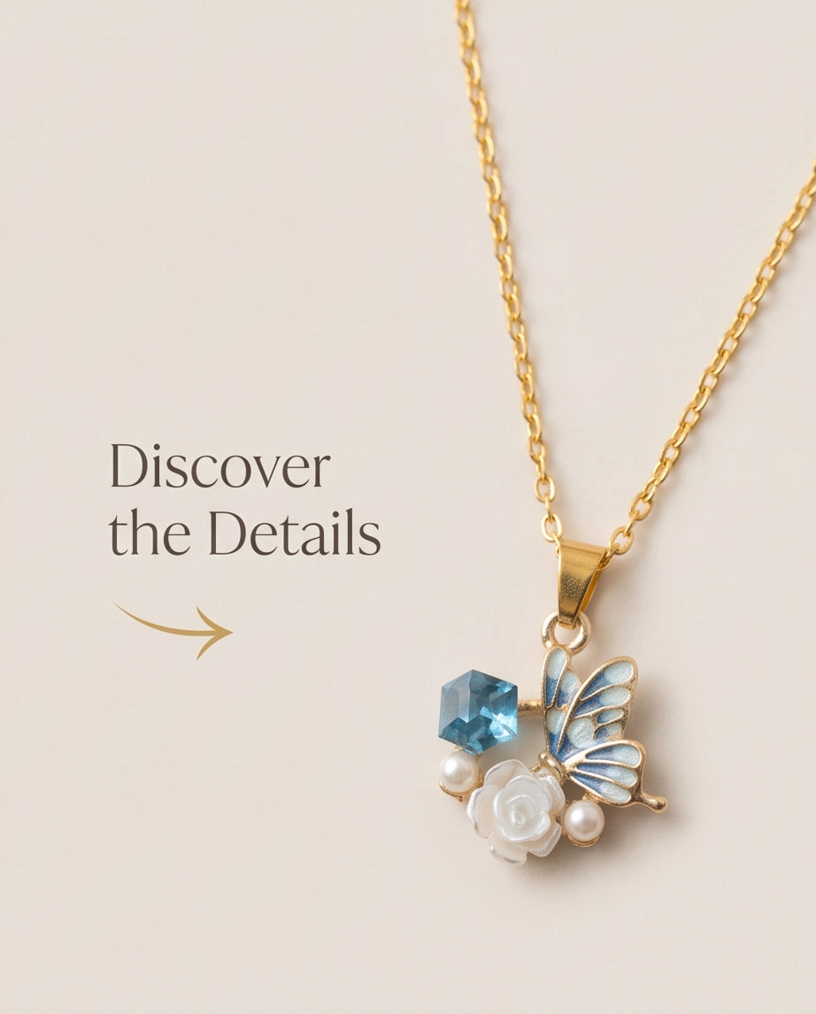 Gold Blue Enamel Butterfly & Pearl Rose Cluster Pendant Necklace