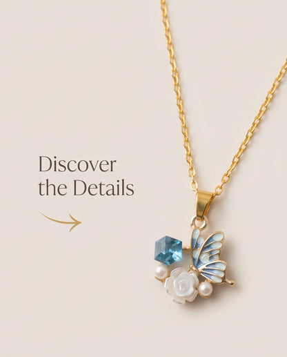Gold Blue Enamel Butterfly & Pearl Rose Cluster Pendant Necklace