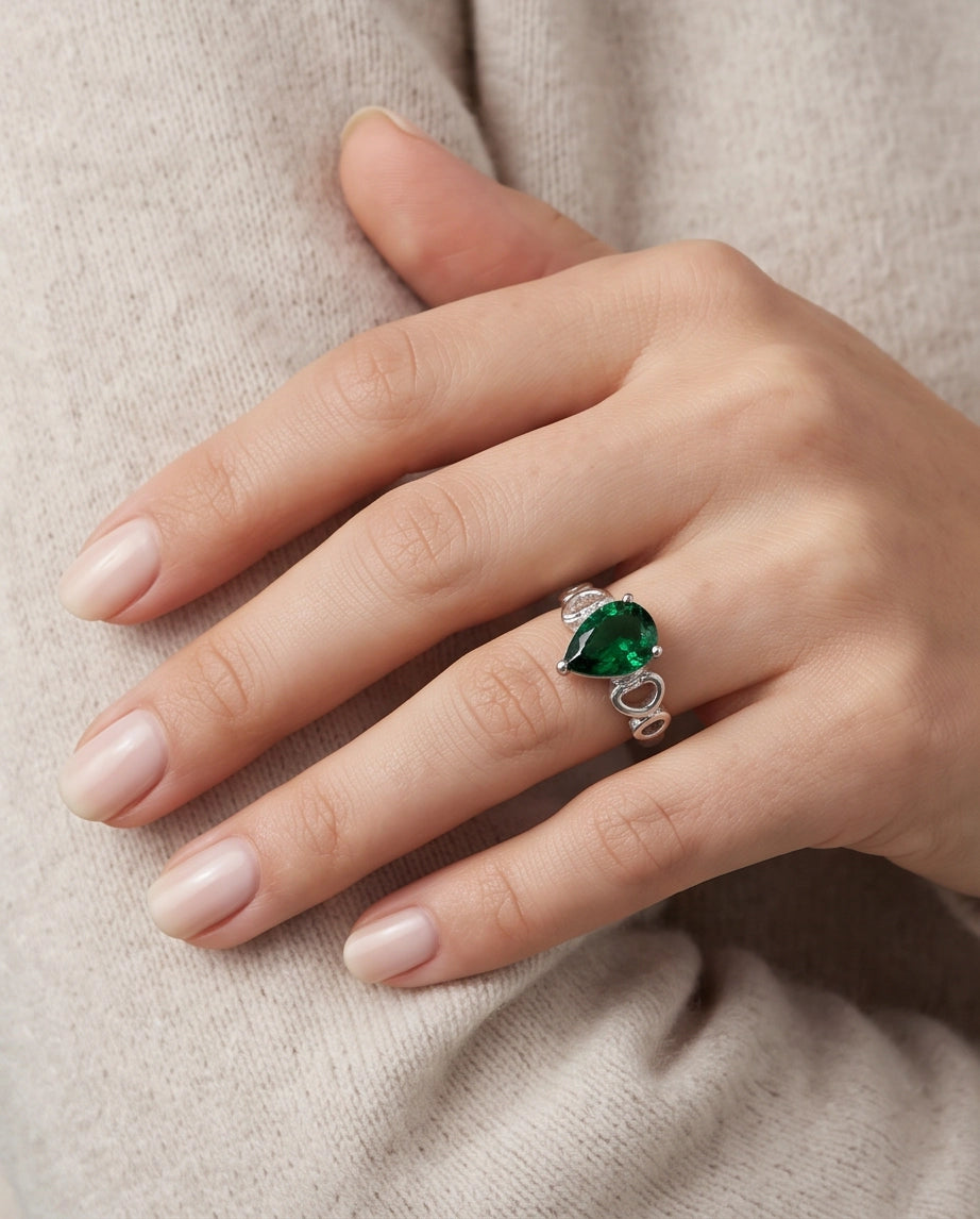 Emerald Gemstone Prong-Set Teardrop Loop Silver Ring