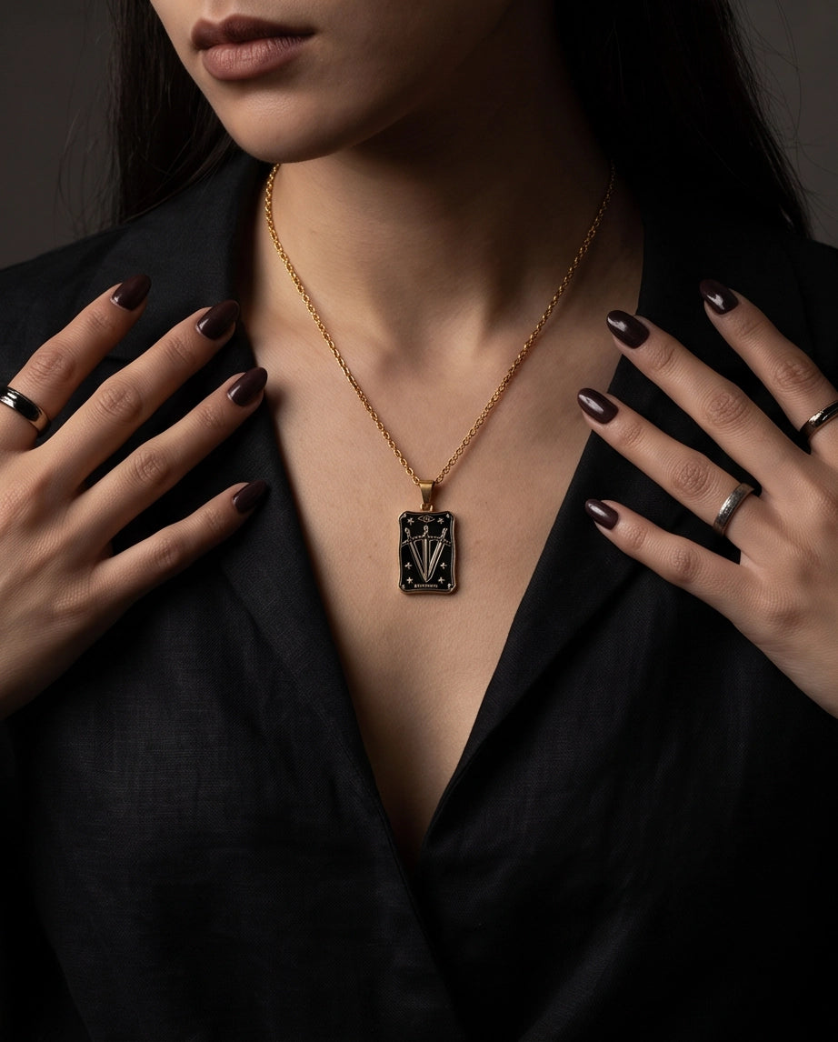 Gold "Judgement" Three Swords Tarot Card Pendant Necklace