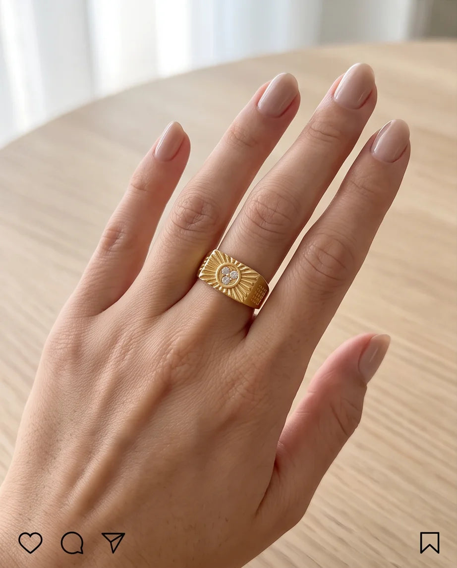 Celestial Sunburst Pavé Triple-Crystal Grid Gold Ring