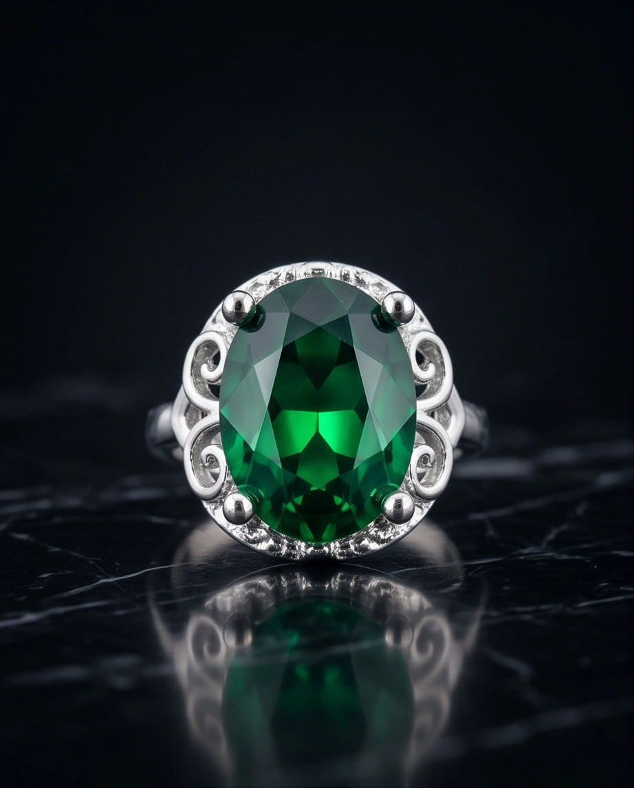 Silver Oval Emerald Gemstone Filigree Solitaire Ring