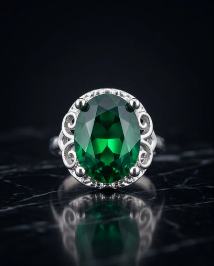 Silver Oval Emerald Gemstone Filigree Solitaire Ring