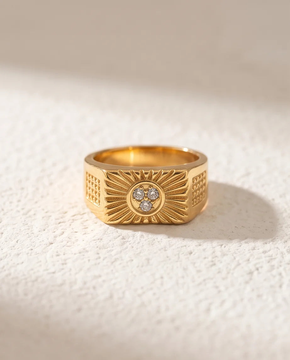 Celestial Sunburst Pavé Triple-Crystal Grid Gold Ring
