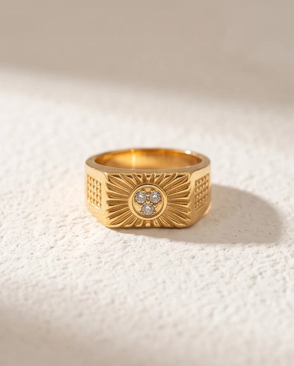 Celestial Sunburst Pavé Triple-Crystal Grid Gold Ring