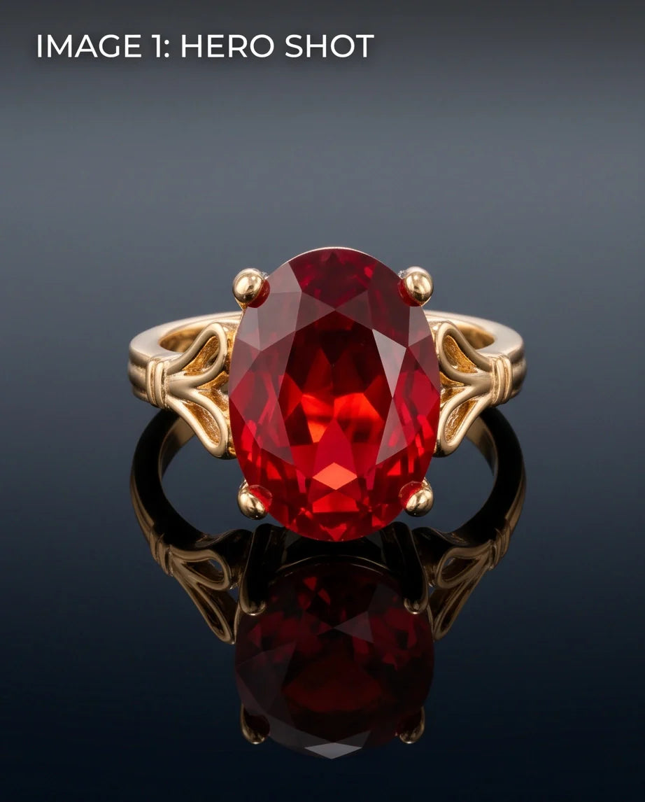 Gold Plated Crimson Ruby Oval Filigree Ring