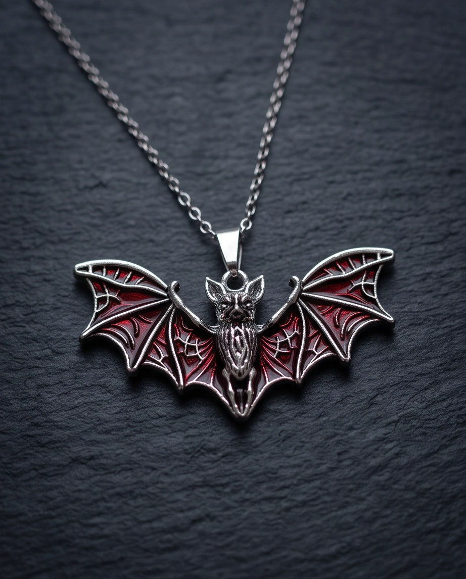 Silver Red Enamel Flying Bat Pendant Necklace