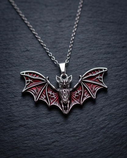 Silver Red Enamel Flying Bat Pendant Necklace