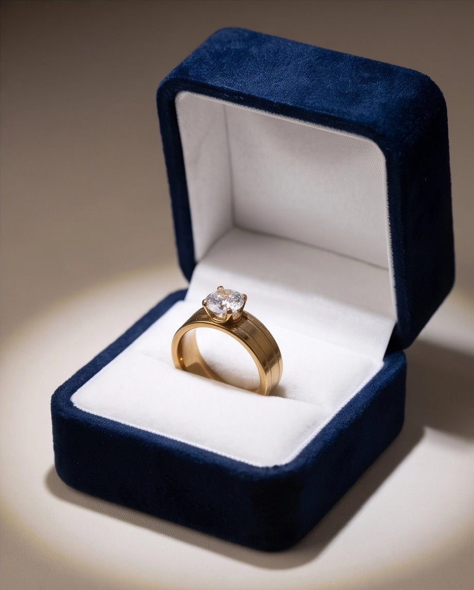 Gold Round Gemstone Wide-Band Solitaire Ring