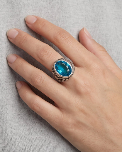 Aquamarine Gemstone Beaded Surround Chevron Stippled Silver Ring