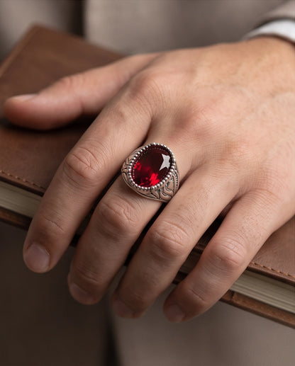 Garnet Gemstone Beaded Frame Flame Silver Ring