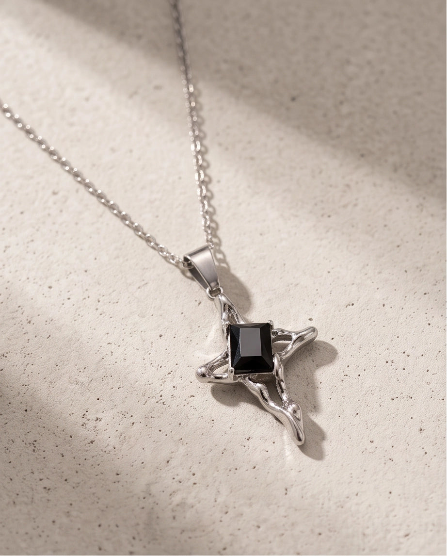 Silver Black Gemstone Gothic Cross Pendant Necklace