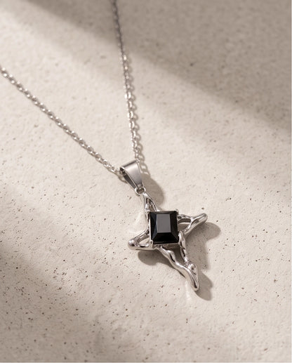 Silver Black Gemstone Gothic Cross Pendant Necklace