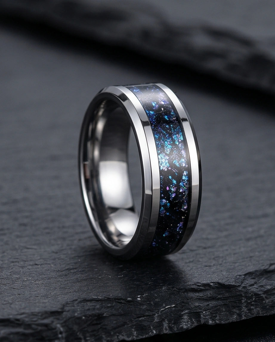 Nebula Opal Inlay Silver Band Ring