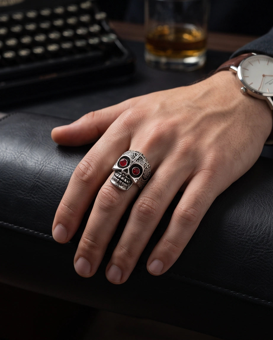 Ruby-Eyed Filigree Skull Band Silver Ring
