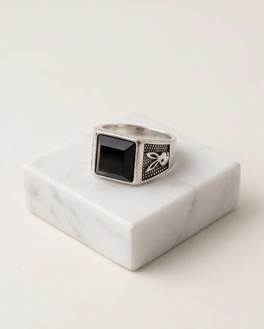 Pyramid Cut Onyx-Style Bunny Motif Stippled Silver Ring
