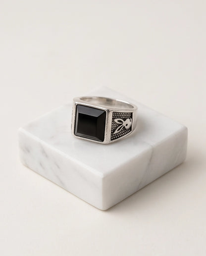 Pyramid Cut Onyx-Style Bunny Motif Stippled Silver Ring