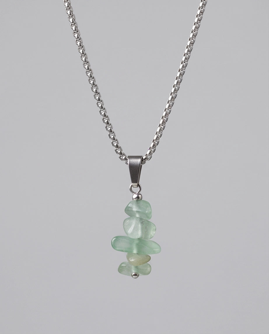 Silver Stacked Raw Green Aventurine Chip Stone Pendant Necklace