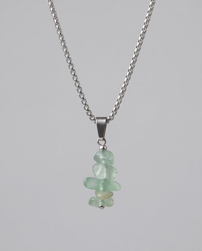 Silver Stacked Raw Green Aventurine Chip Stone Pendant Necklace