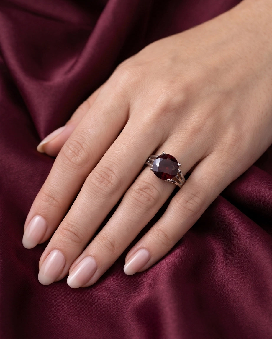 Silver Round Garnet Gemstone Solitaire Ring