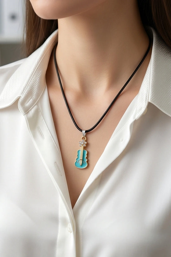 Gold and Turquoise Enamel Violin Necklace