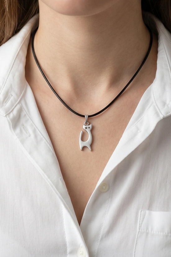 The Mystic Silhouette: Minimalist Matte Silver Cat Pendant Necklace